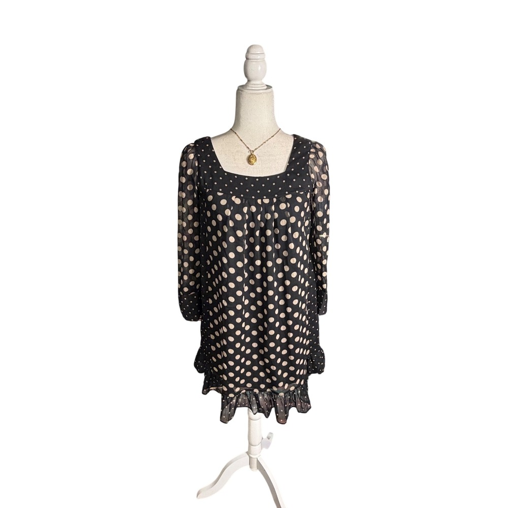 Jovovich-Hawk for Target Polka Dot Sheer Boho Babydoll Dress Black‎ Beige Ruffle